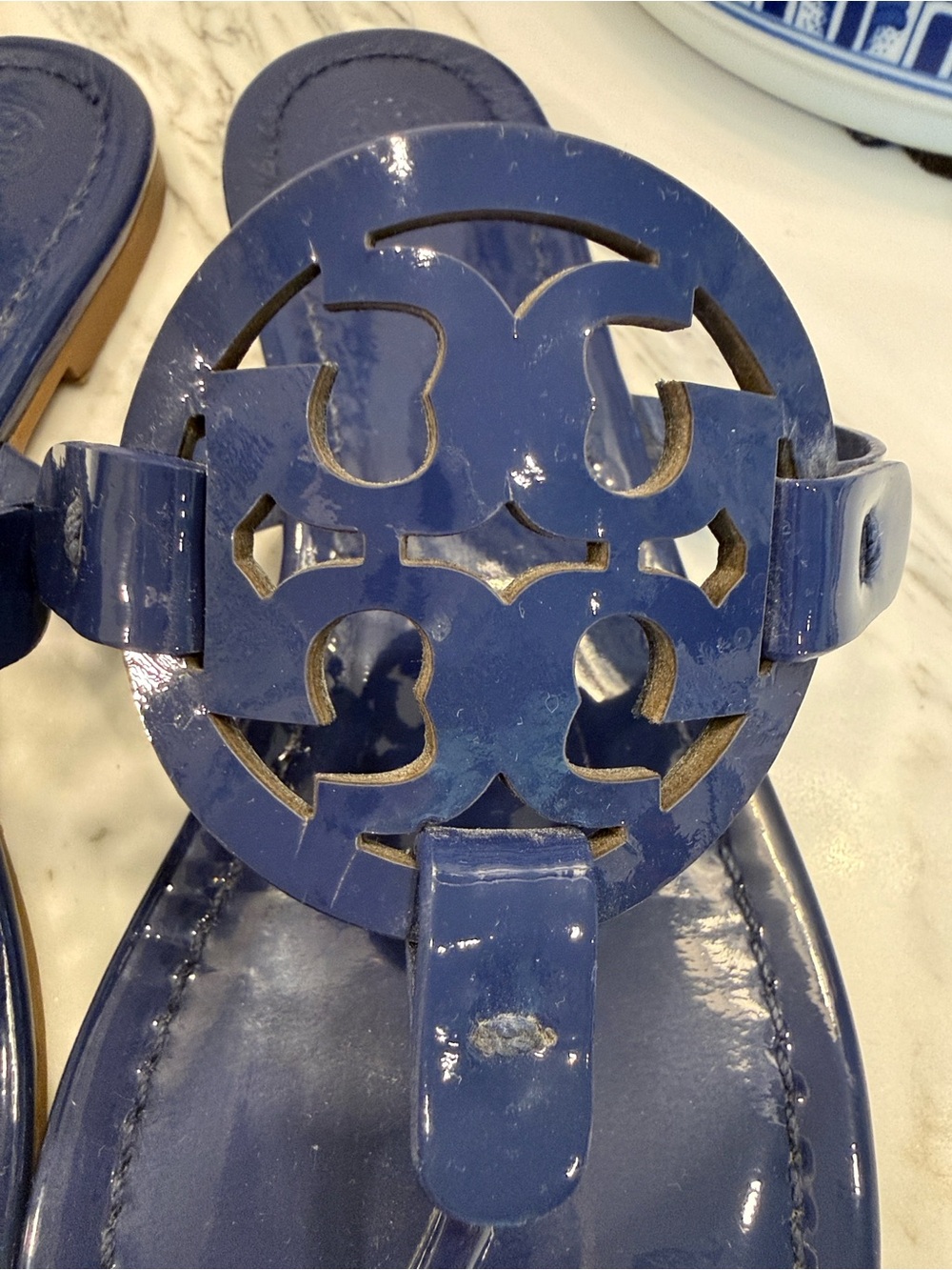 Tory Burch Navy Patent Logo Thong Sandals - Picture 8 of 8